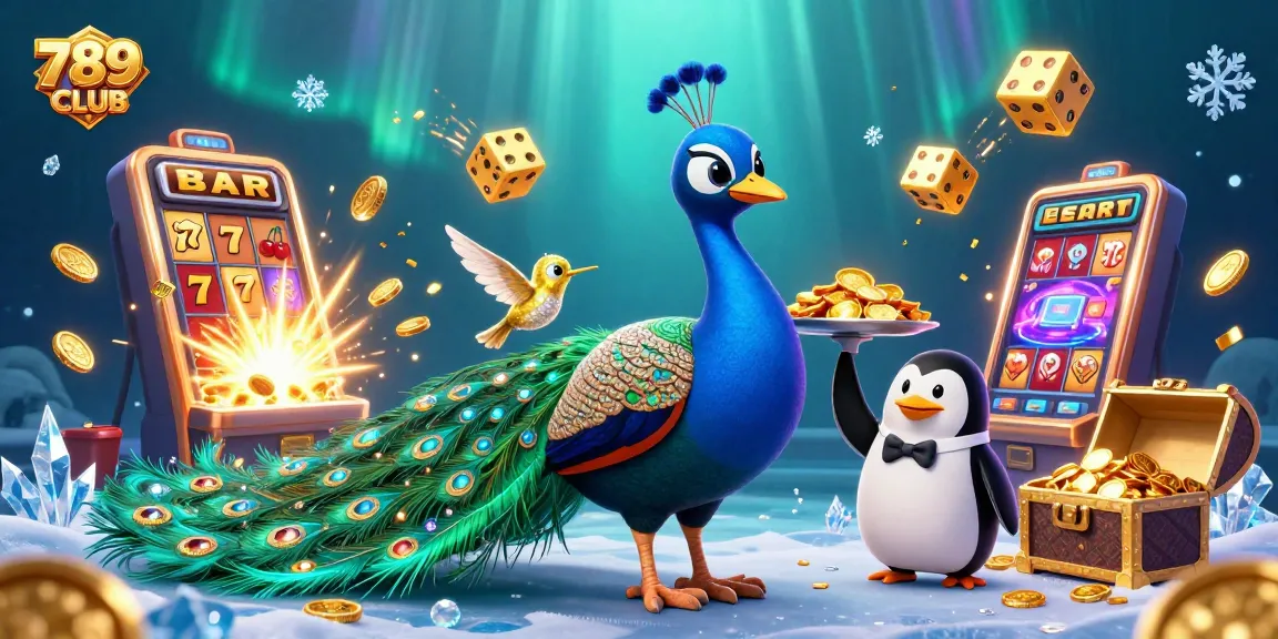 Experience the excitement at 789CLUB with a vibrant illustration of a peacock and casino elements illuminating the scene.