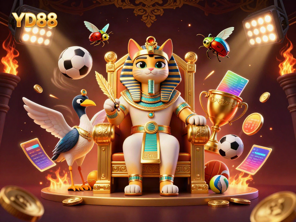 Experience the vibrant energy of YD88 while betting, depicted with a dynamic pharaoh cat and thrilling sports elements.