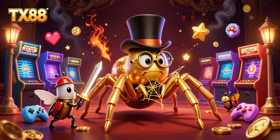 Experience the excitement of TX88 with a 3D golden tarantula and beetle knight in a vibrant casino scene.
