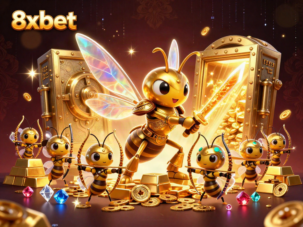 8xbet's vibrant online casino scene with a samurai hornet and treasure elements.