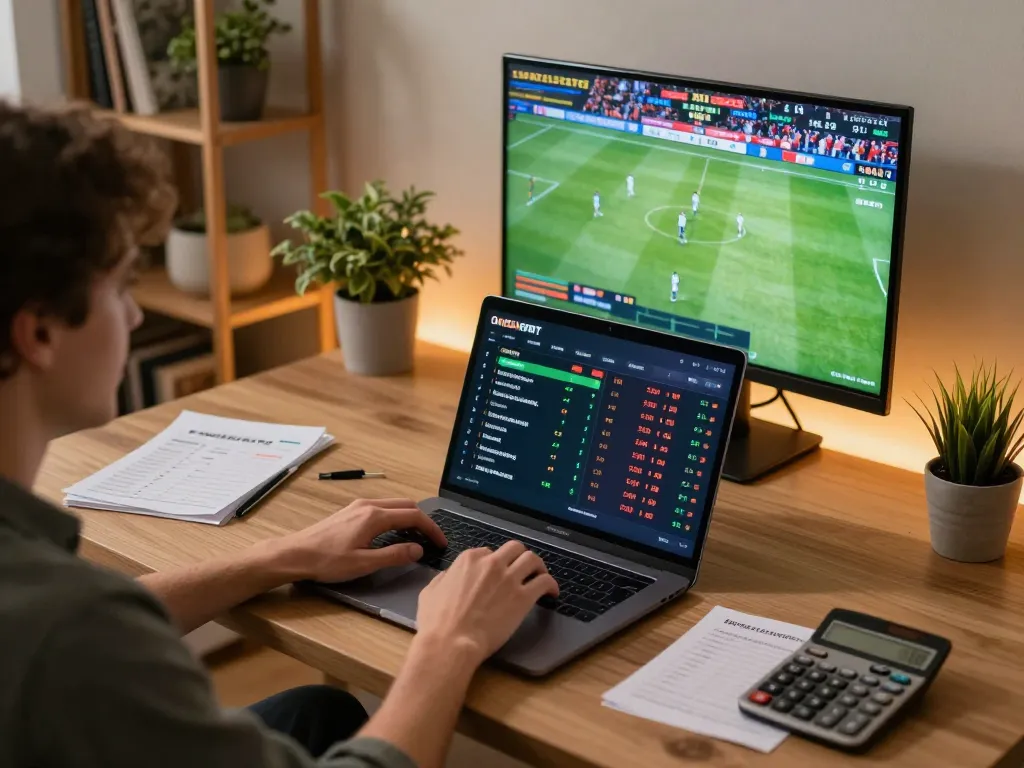 VK88 sports betting interface displayed on a laptop in a cozy home setting, highlighting responsible gaming