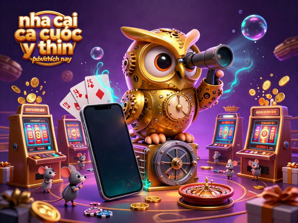 Engage in the vibrant world of nha cai ca cuoc uy tin phổ biến hiện nay, featuring a cartoon golden owl overlooking a casino scene.