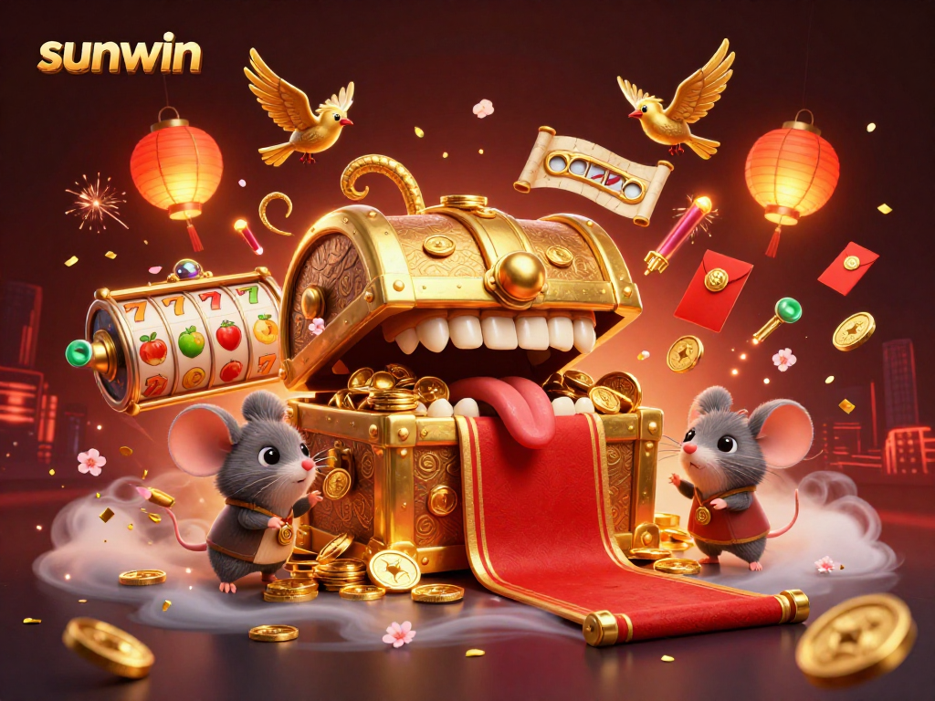 Experience sunwin's thrilling world of slots with a golden treasure chest and vibrant casino elements.