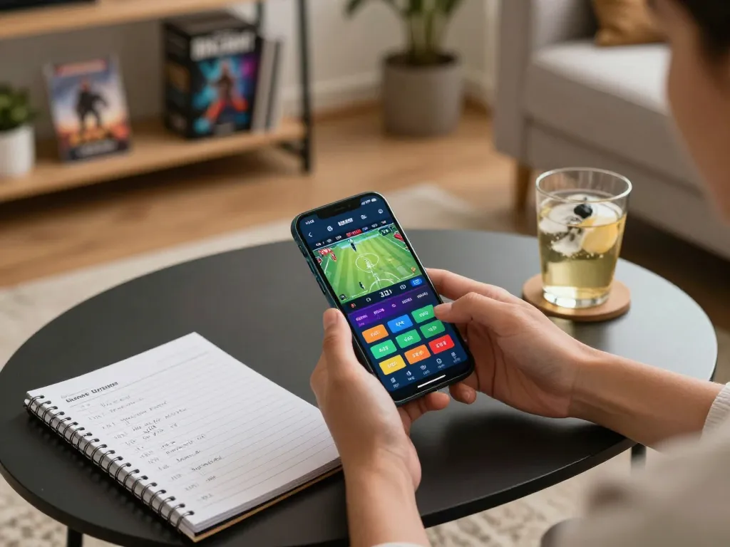 Betting enthusiast using LC88 app on smartphone for sports wagering in a cozy living room setting.