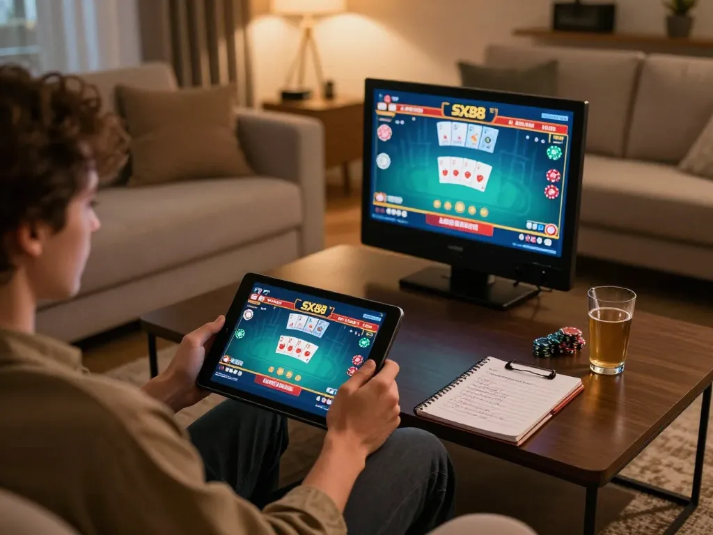 SX88 player enjoying a live casino game on a tablet, showcasing strategic online gaming setup.