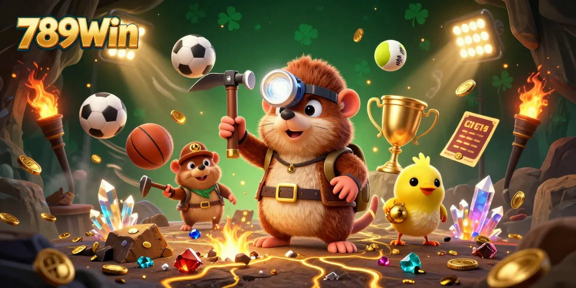 789Win showcases thrilling casino action with a cartoon treasure hunter in a vibrant gaming scene.
