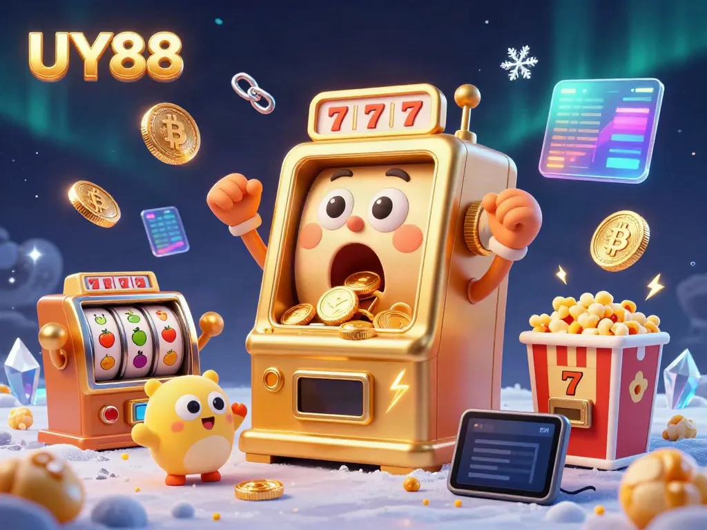 Spin to win at UY88 with a joyful golden slot machine celebrating a jackpot amidst colorful gaming elements.