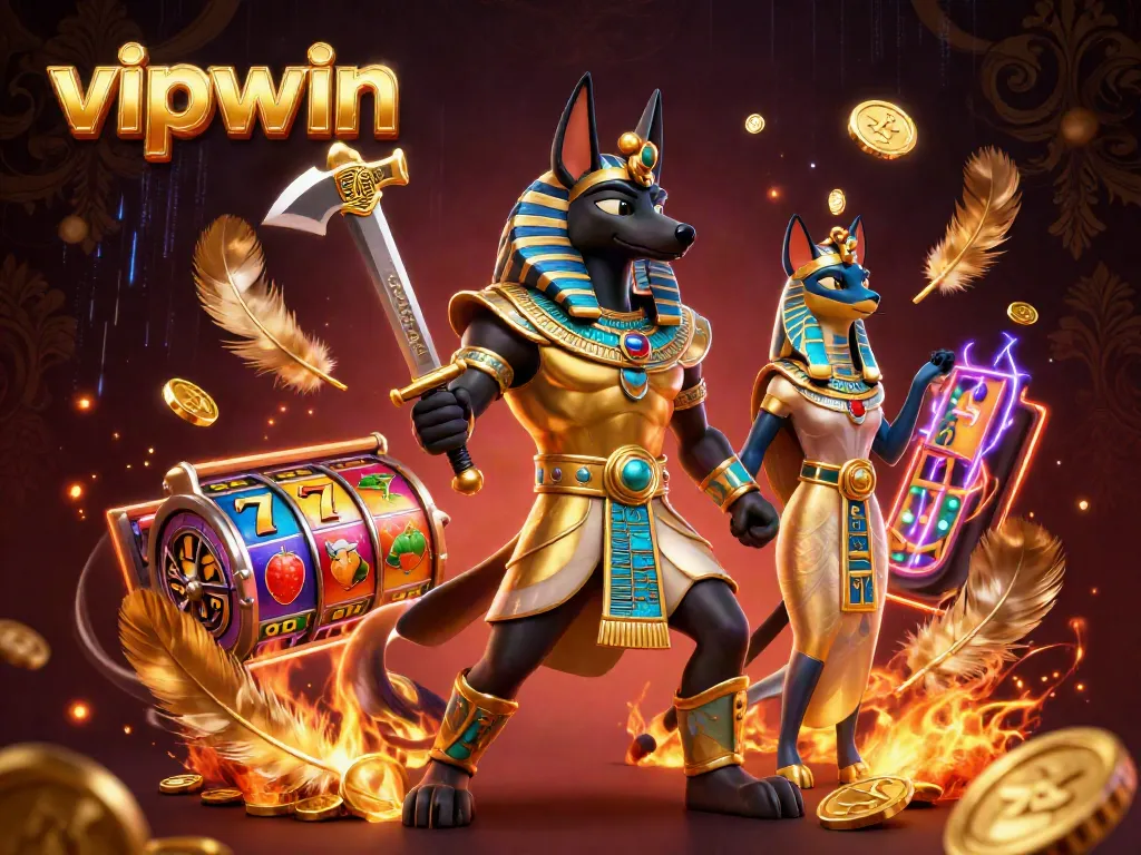 Experience thrilling gameplay at vipwin with Anubis and Bastet in a vibrant casino setting.