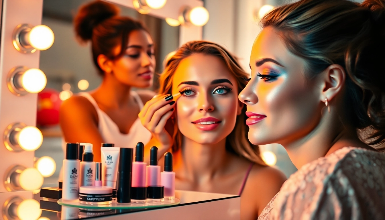 Model showcasing the effects of Glow Blend makeup application in a vibrant studio.