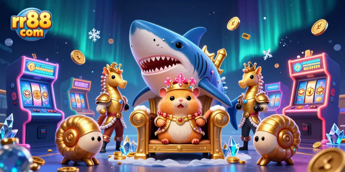 Engage with the vibrant rr88 com gaming world featuring a golden hamster king on a megalodon throne amidst exciting casino elements.