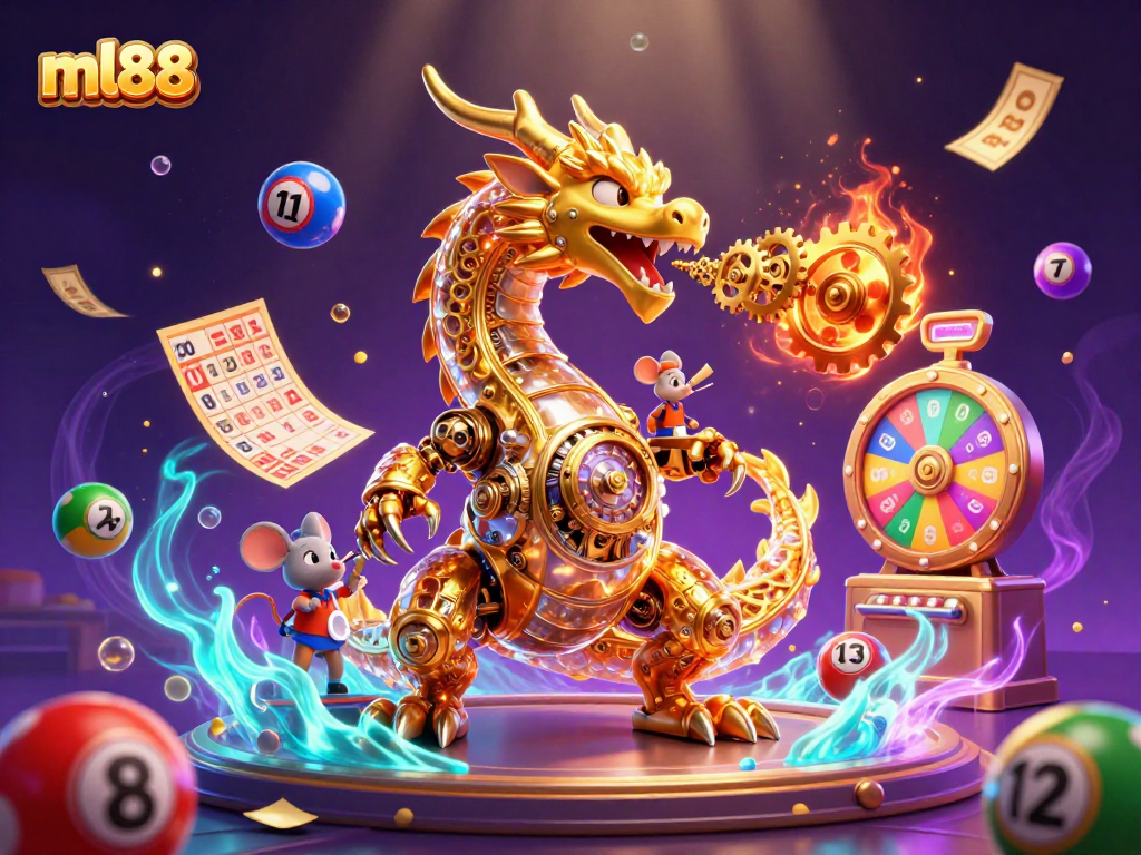 Engage with ml88's thrilling casino experience featuring a biomechanical golden dragon amidst vibrant lottery elements.