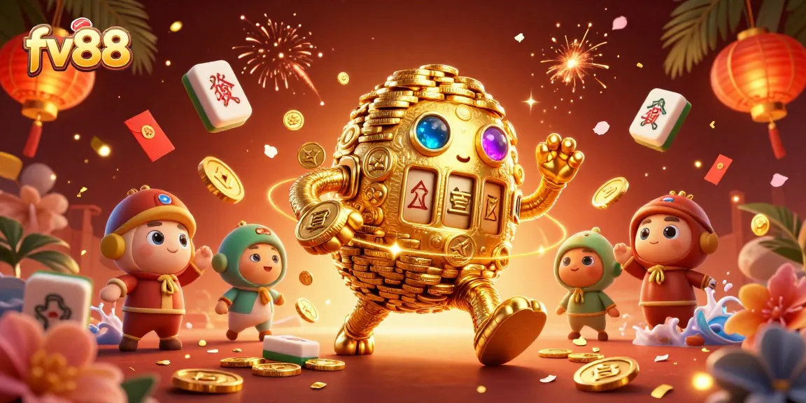 Experience thrilling gaming with fv88's dynamic 3D illustration, showcasing golden elements and casino excitement.