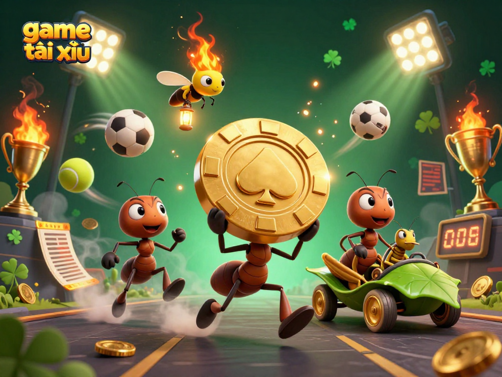 Engage in the thrilling game tài xỉu with dynamic cartoon ants on a heist scene filled with sports elements.