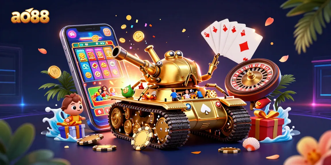 Experience ao88's captivating casino atmosphere with a golden beetle tank revealing a miniature gaming world.