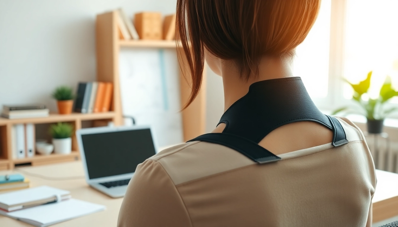Person using a posture corrector while working at a desk in a bright home office.