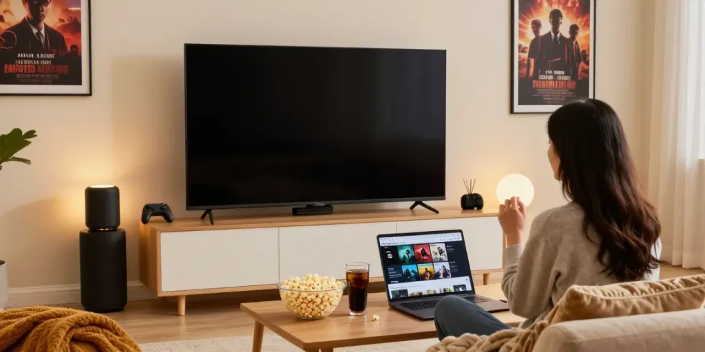 Experience idlix streaming in a cozy living room setup with engaging decor.
