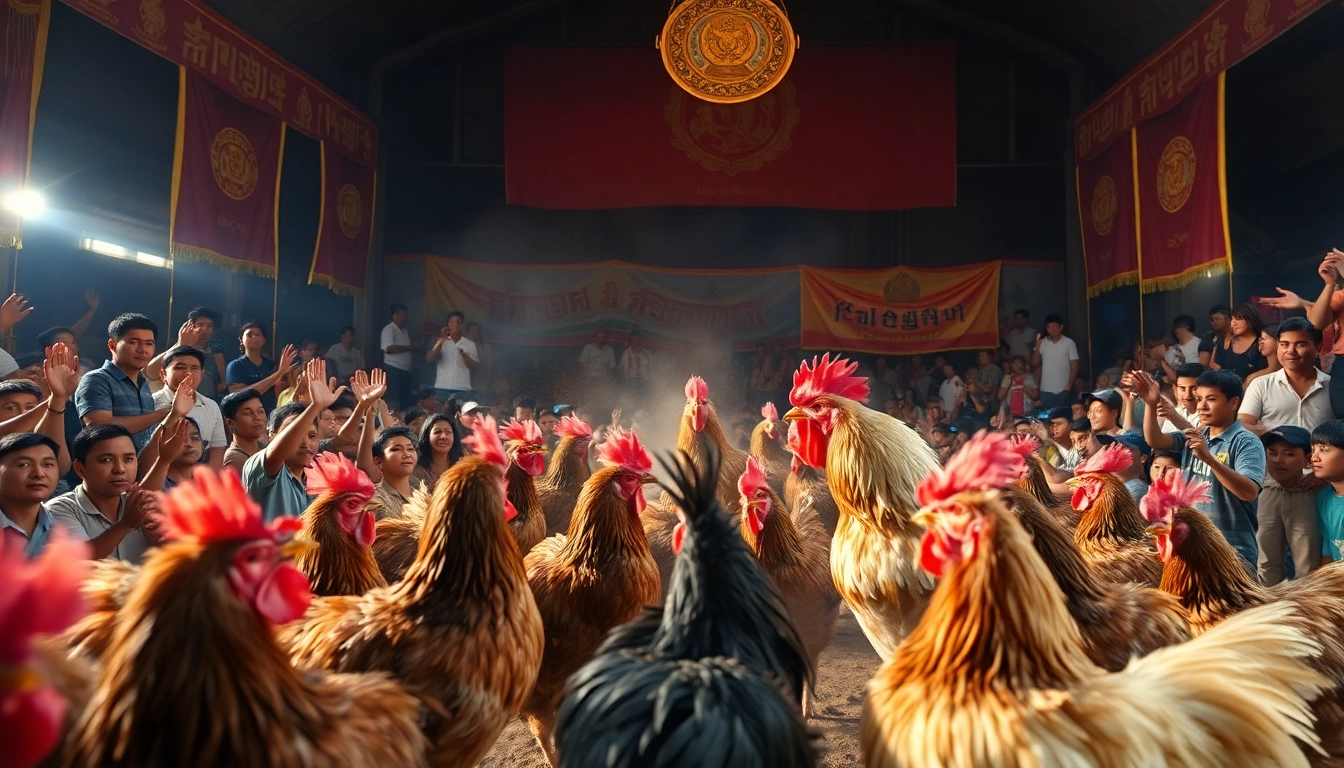 Exciting live chicken fighting event at sv368win.live with vibrant crowd and intense atmosphere.