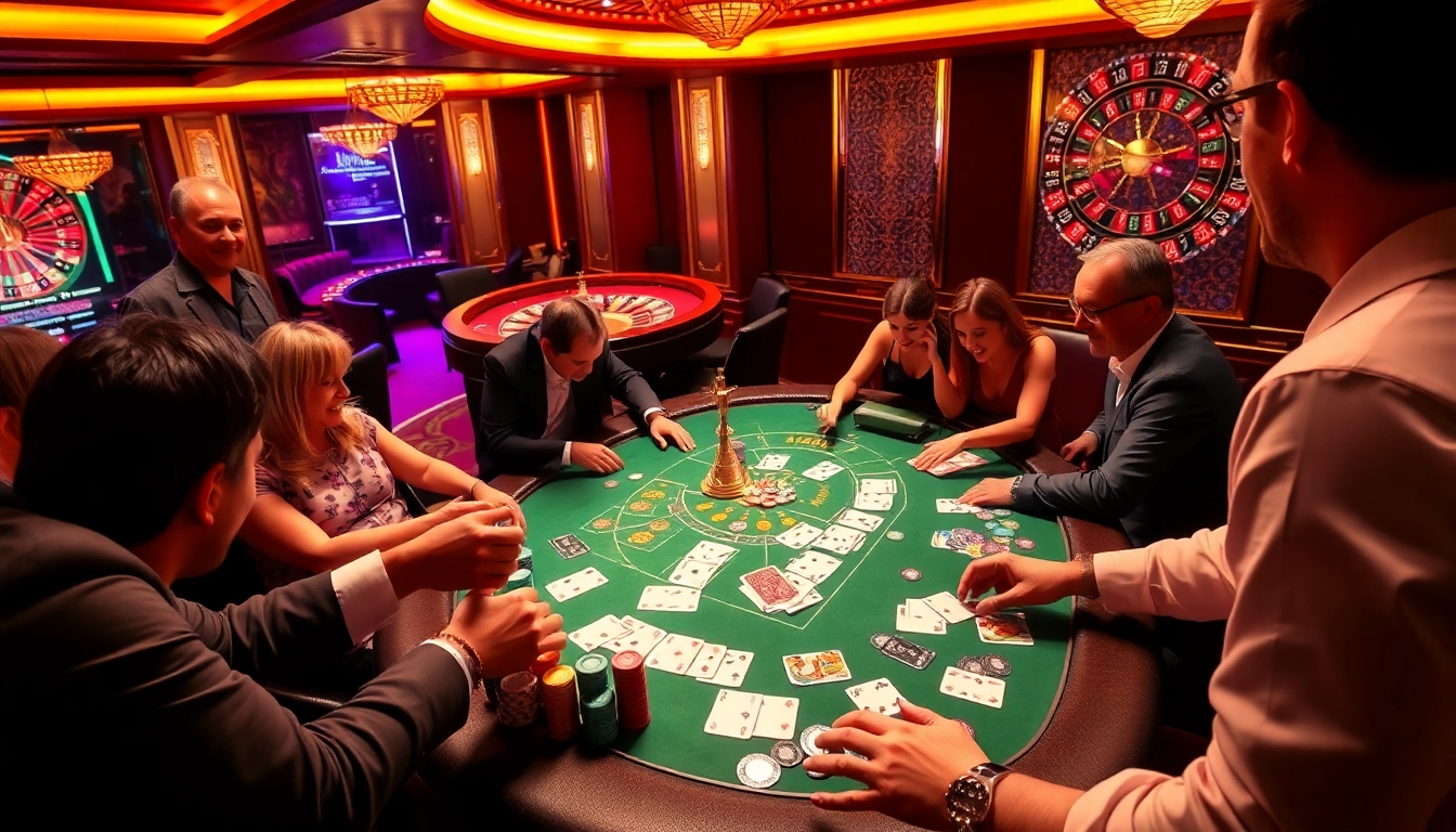 An engaging poker game at 888b casino with vibrant surroundings, players, and colorful chips.