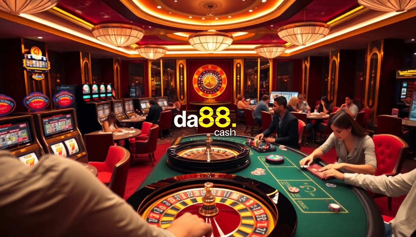 Experience the thrill of gambling with games at https://da88.cash/ casino, showcasing high-stakes poker tables and slot machines.