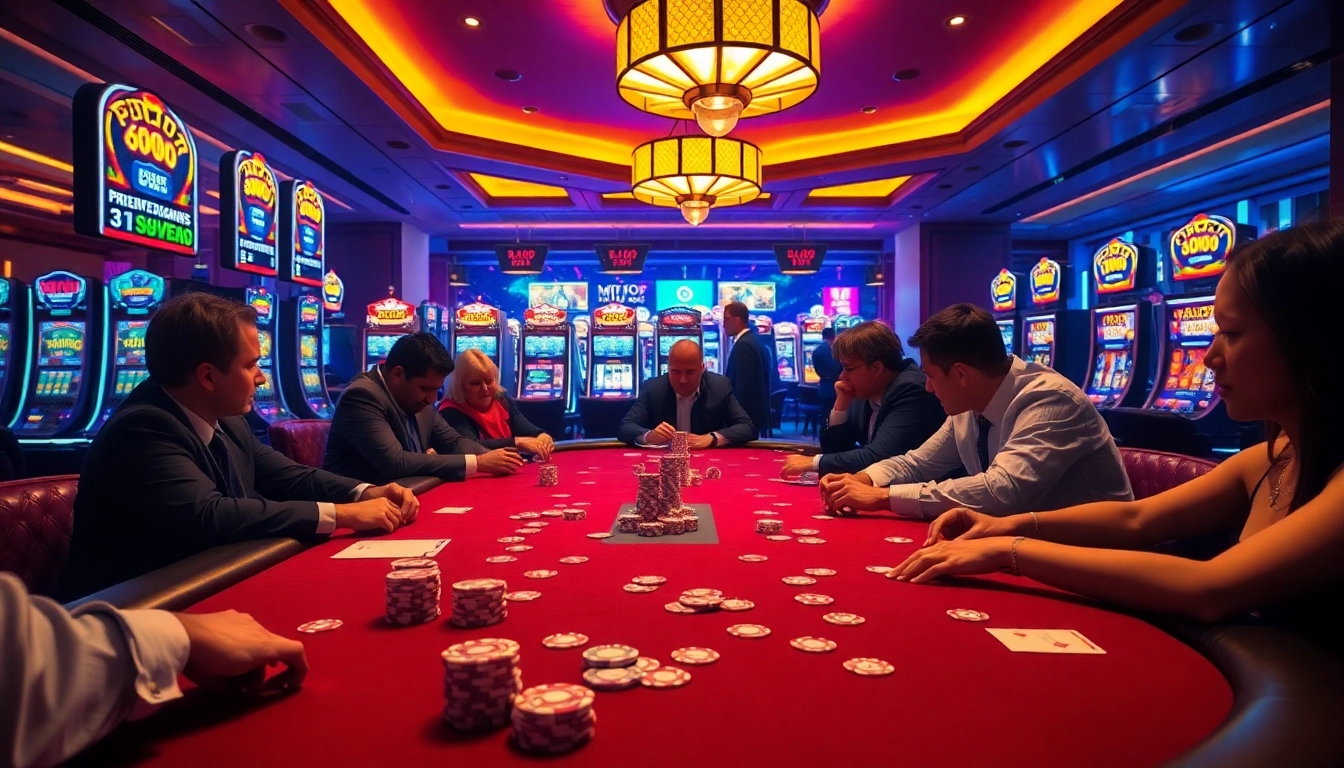 Mmoo players engaging at a high-stakes poker table, showcasing vibrant casino elements and thrilling gameplay.