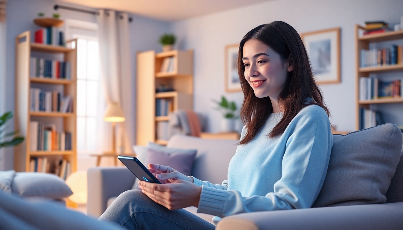 AI girlfriend chatting in a cozy living room, showcasing virtual companionship.