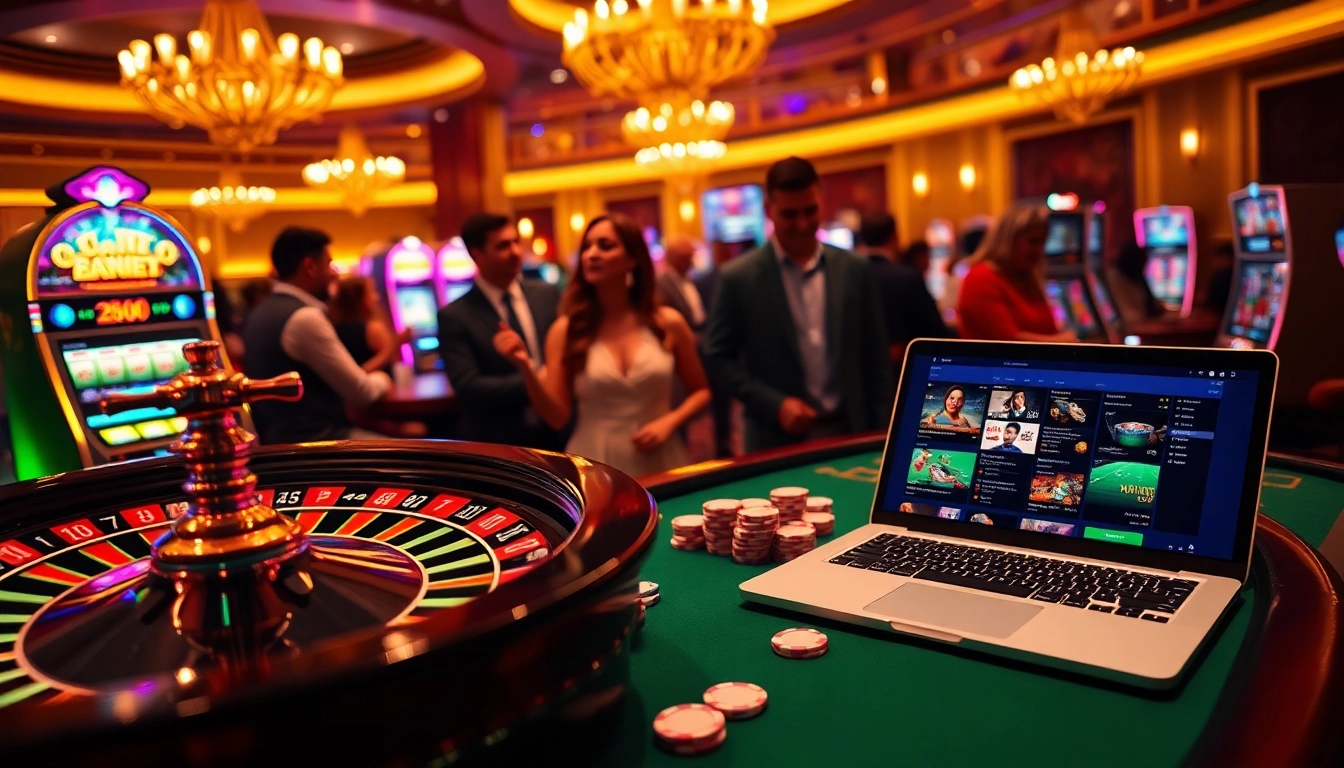 Experience the thrill of nhà cái e2bet with a vibrant casino scene showcasing roulette and poker.