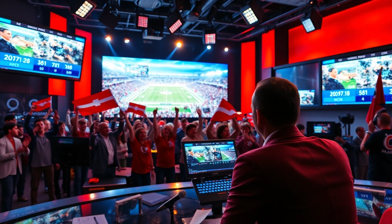 Broadcasting live sports broadcasting with vibrant studio atmosphere and energetic hosts.