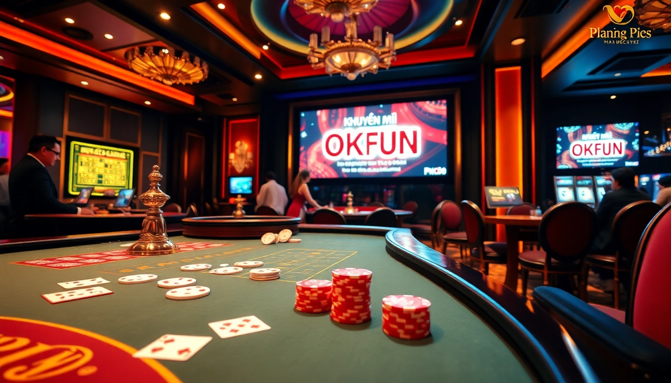 Exciting scene of a casino table featuring khuyến mãi okfun, poker chips, and promotional banners.