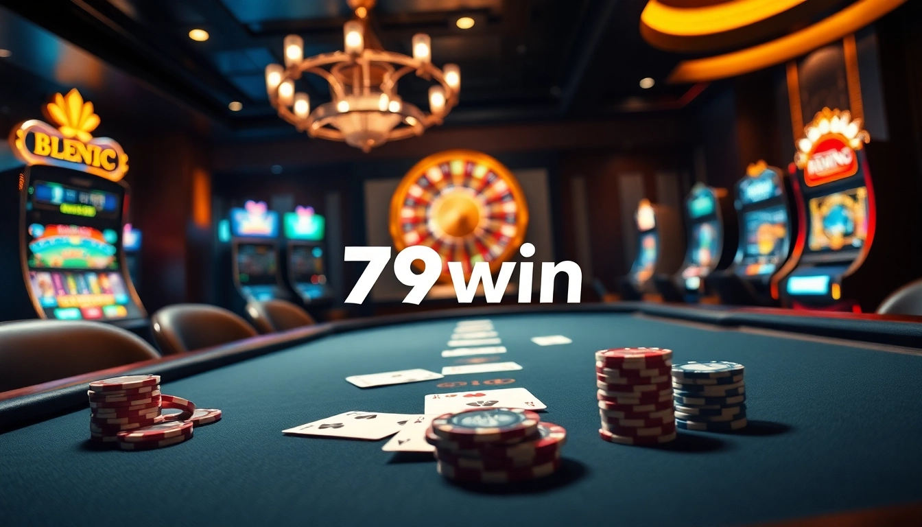 A vibrant casino scene featuring a poker table and roulette wheel, evoking excitement with the brand 79win.