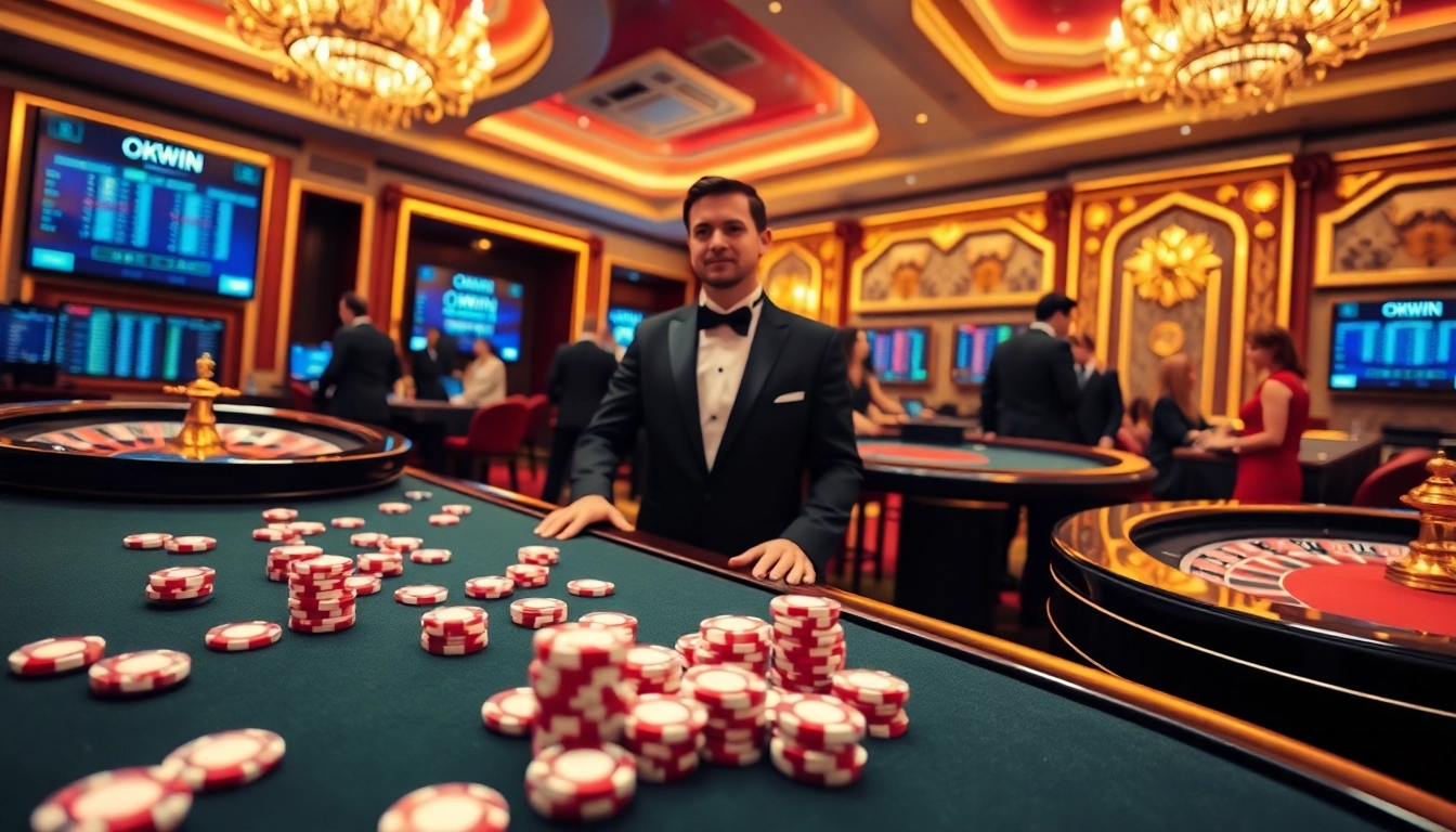 A lively casino scene showcasing OKWIN with players enjoying blackjack and roulette.