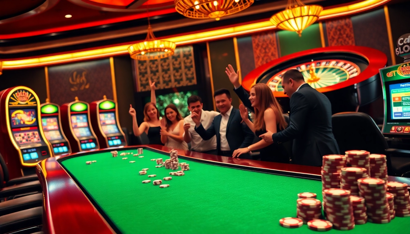 Winning players celebrate at c54.gb.net's stylish casino table, enjoying high-stakes excitement.