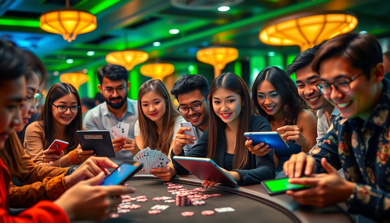 Players experiencing thrilling card games at topgamebaidoithuong.mx in an exciting, vibrant gaming environment.