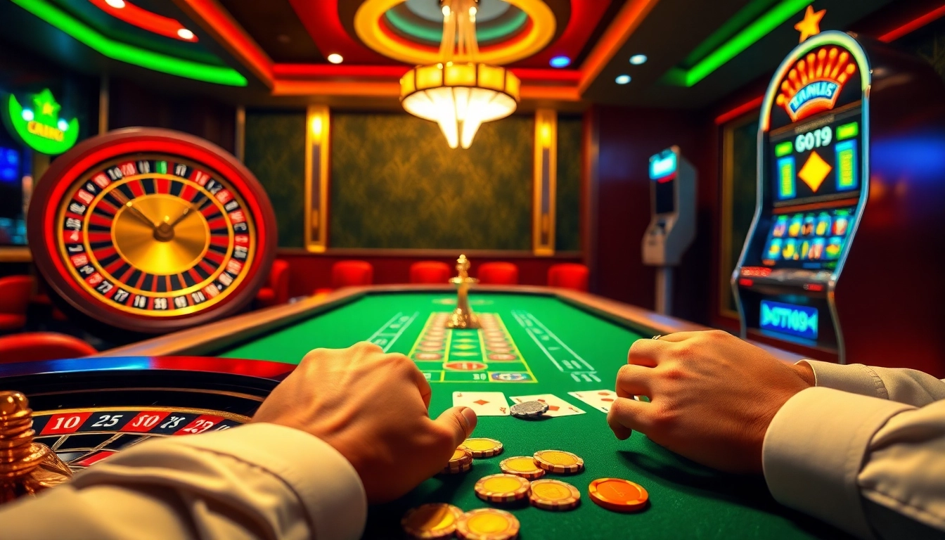 Exciting Go99 casino scene with roulette wheel, poker table, and colorful slot machines.