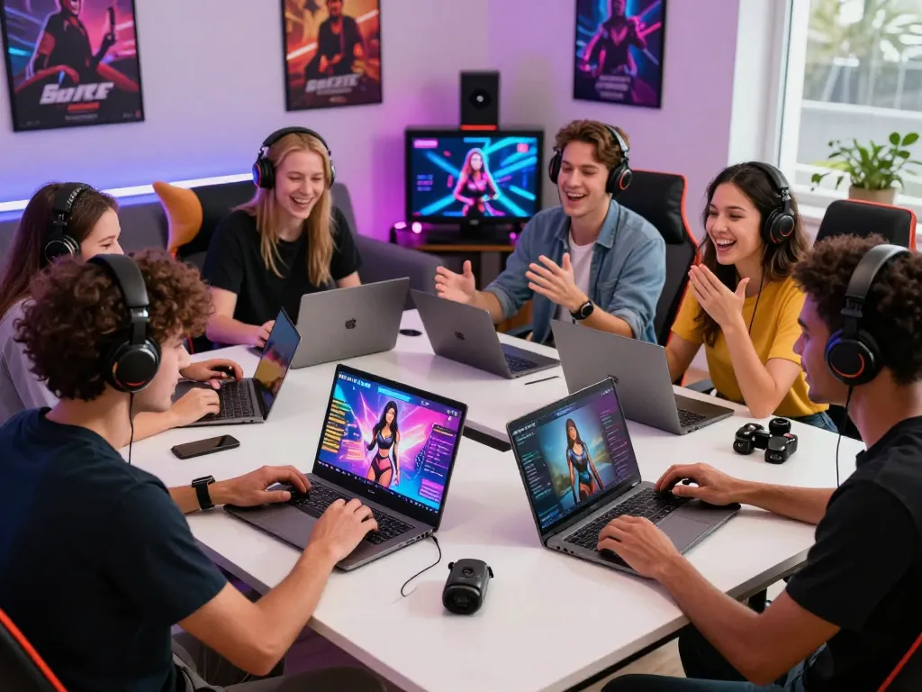 Immersive online gaming scene with players enjoying interactive sex games on laptops and tablets.