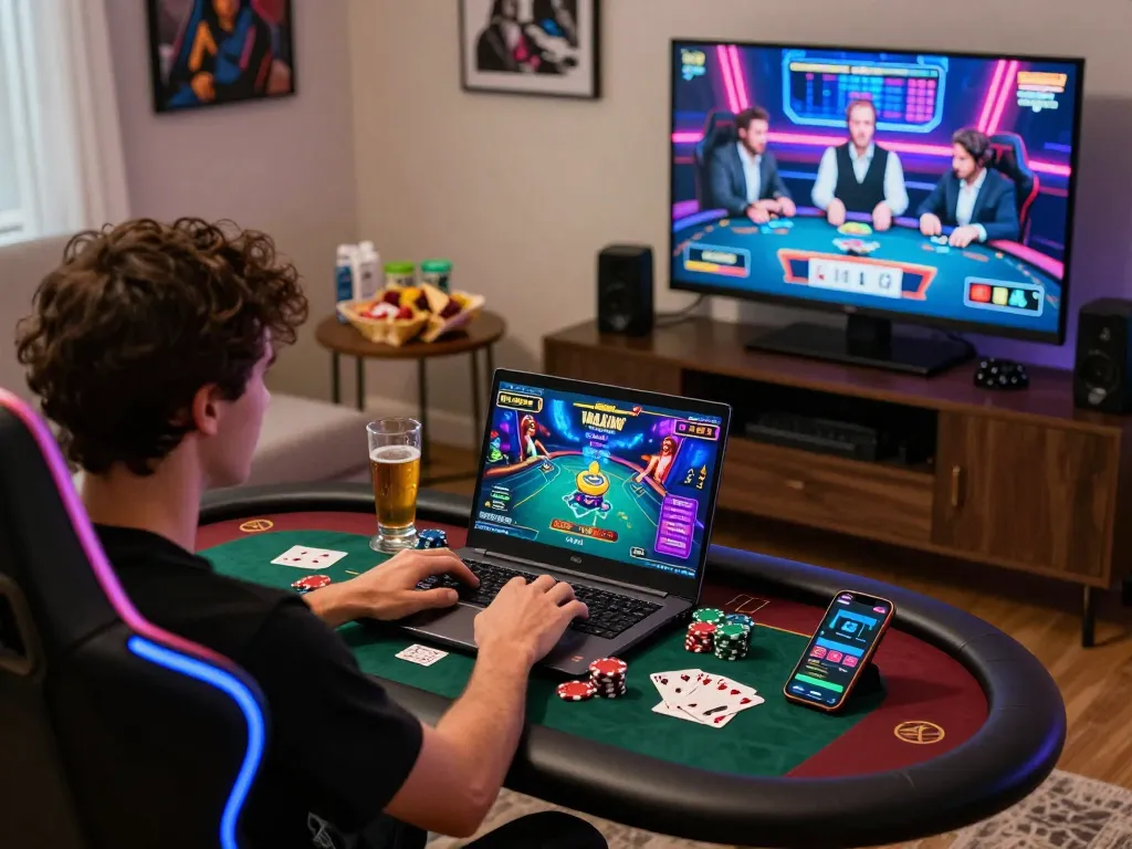 Player enjoying bomwin online gaming with vibrant setup, poker chips and snacks around.