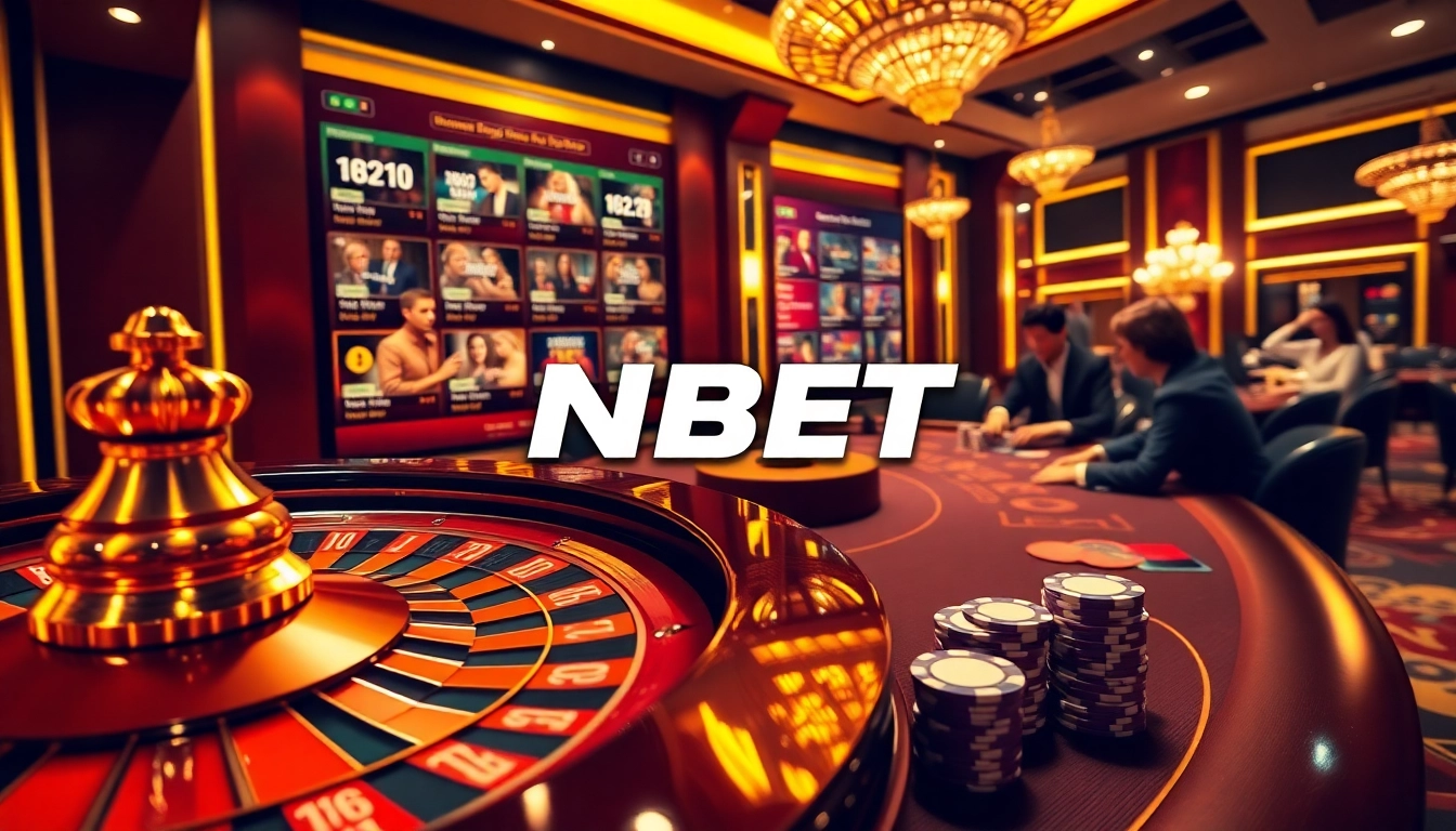 Experience the excitement of NBET casino games with vibrant roulette and engaged players at the blackjack table.