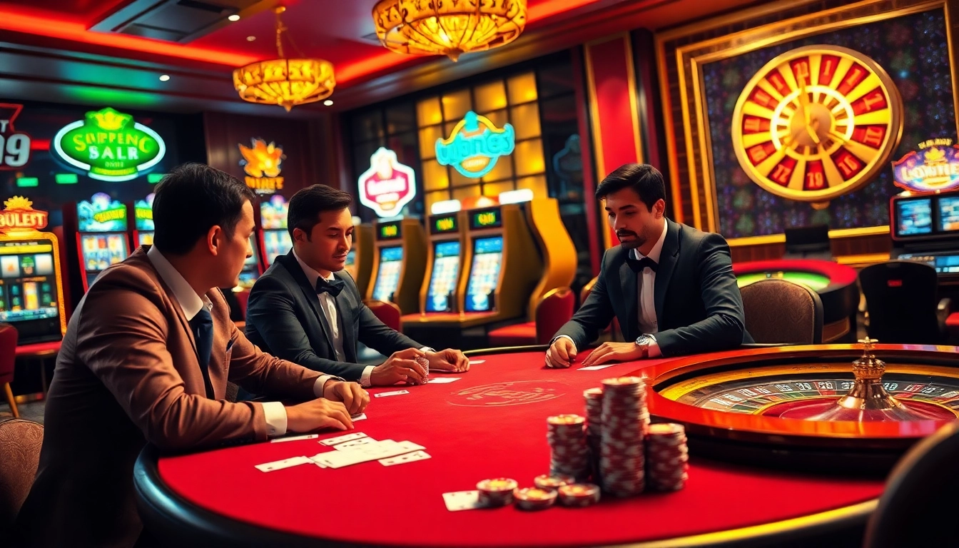 A vibrant casino setting featuring high-stakes poker at Trang chủ 789BET with colorful slot machines.