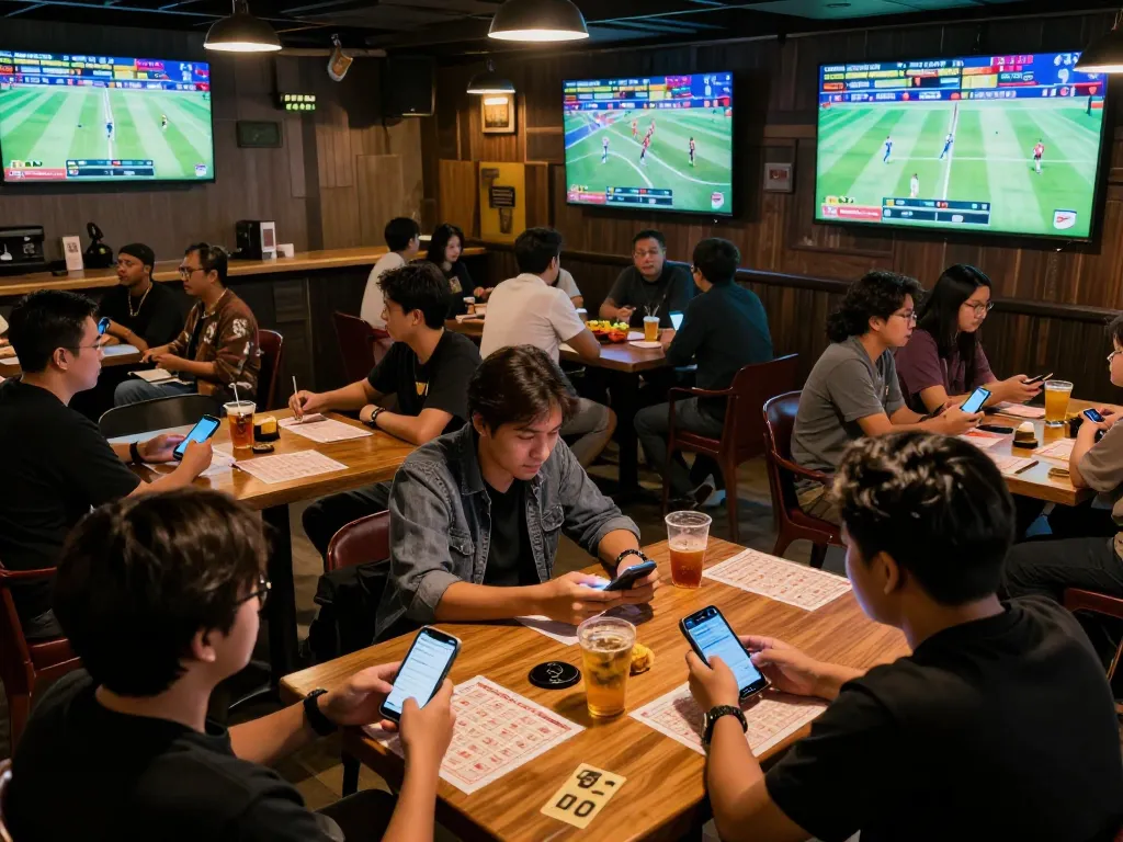 Engaged fans placing taruhan bola bets while watching sports in a lively bar atmosphere.