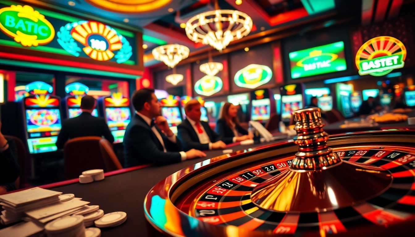 Experience the thrilling atmosphere at 77Bet casino with vibrant games and elegant players.