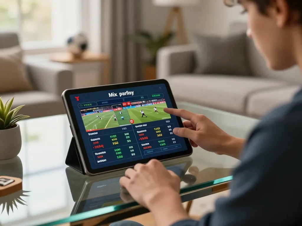 Engaging in situs parlay betting on a tablet, showcasing live odds and sports events.