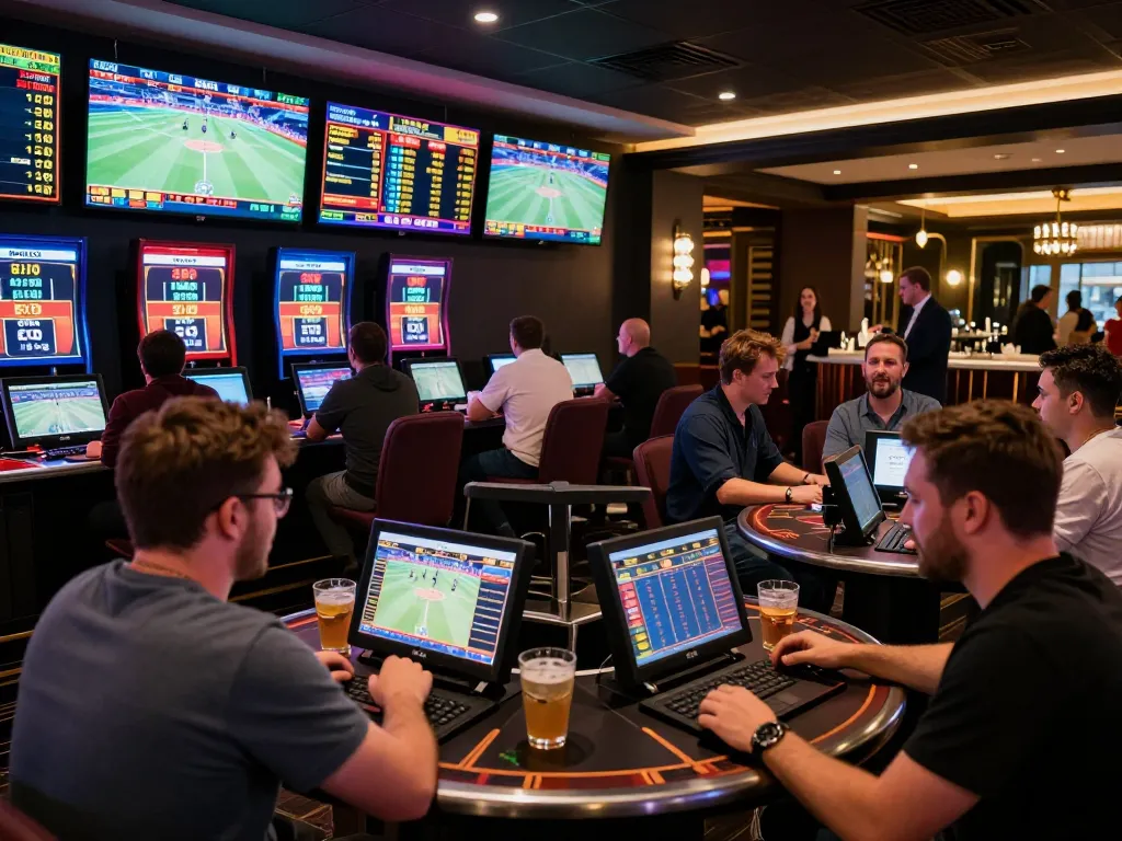 Exciting sports betting scene with gamblers placing bets at a vibrant sportsbook featuring nohu trends