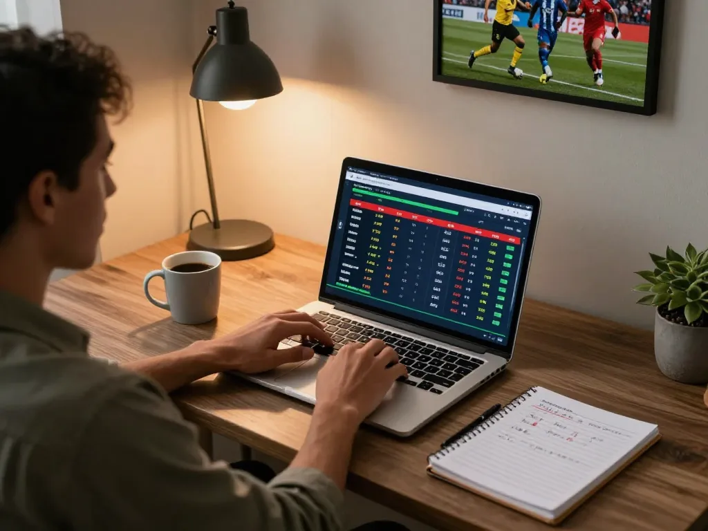 Sports betting setup showcasing tỷ lệ kèo nhà cái displayed on a laptop screen, enhancing strategic wagering experience.