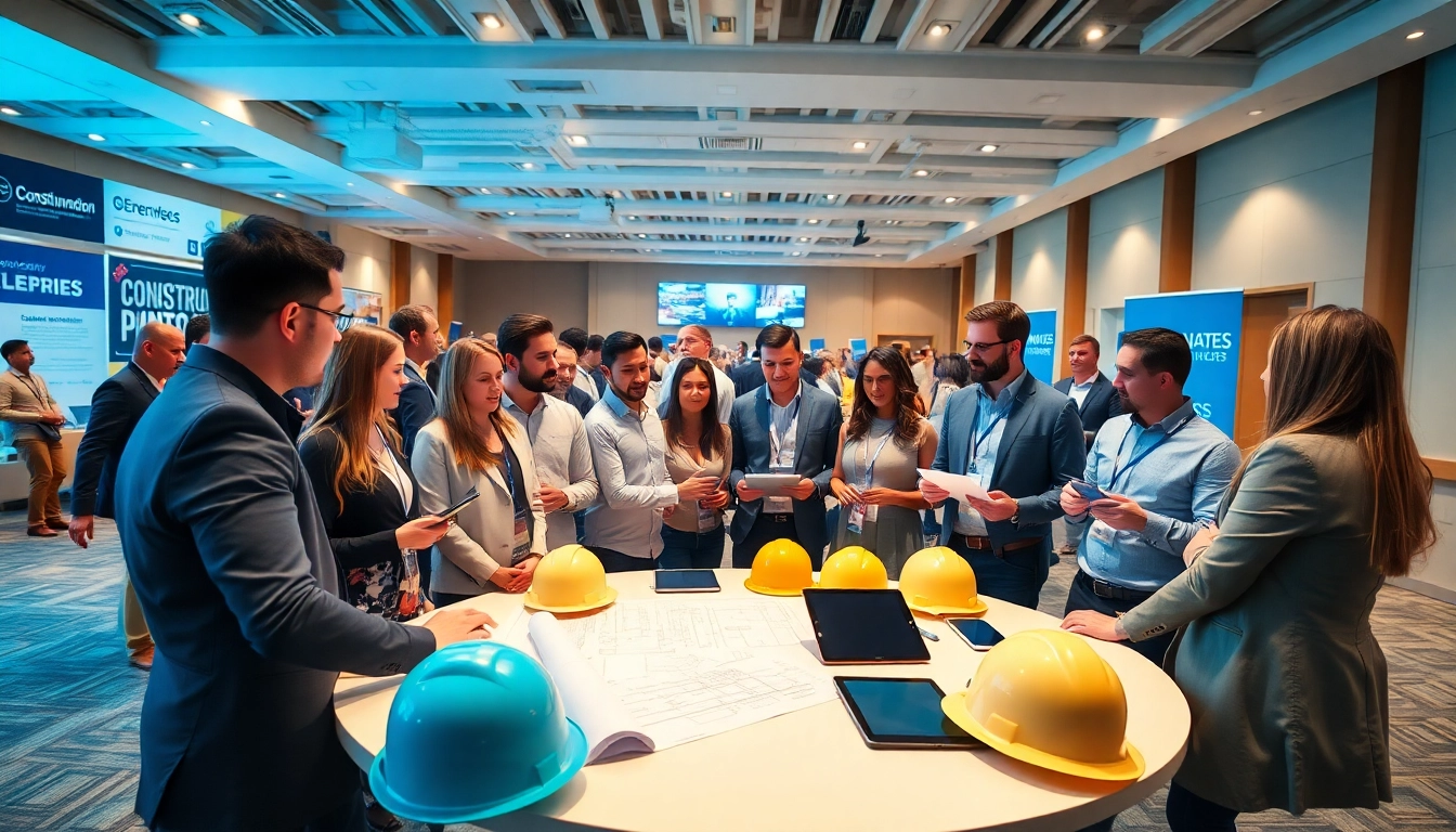 Engaged professionals at construction networking events discussing plans and sharing ideas in a vibrant conference hall.