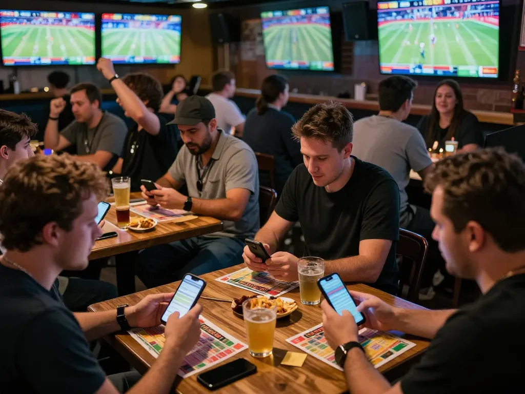 kk44 engaging sports betting environment with patrons cheering and placing bets on smartphones.