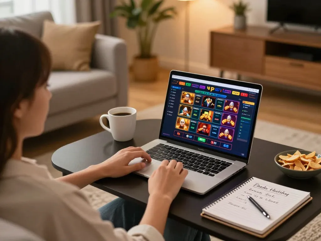 Player enjoying xibet gaming on a laptop in a cozy living room, showcasing online casino betting.