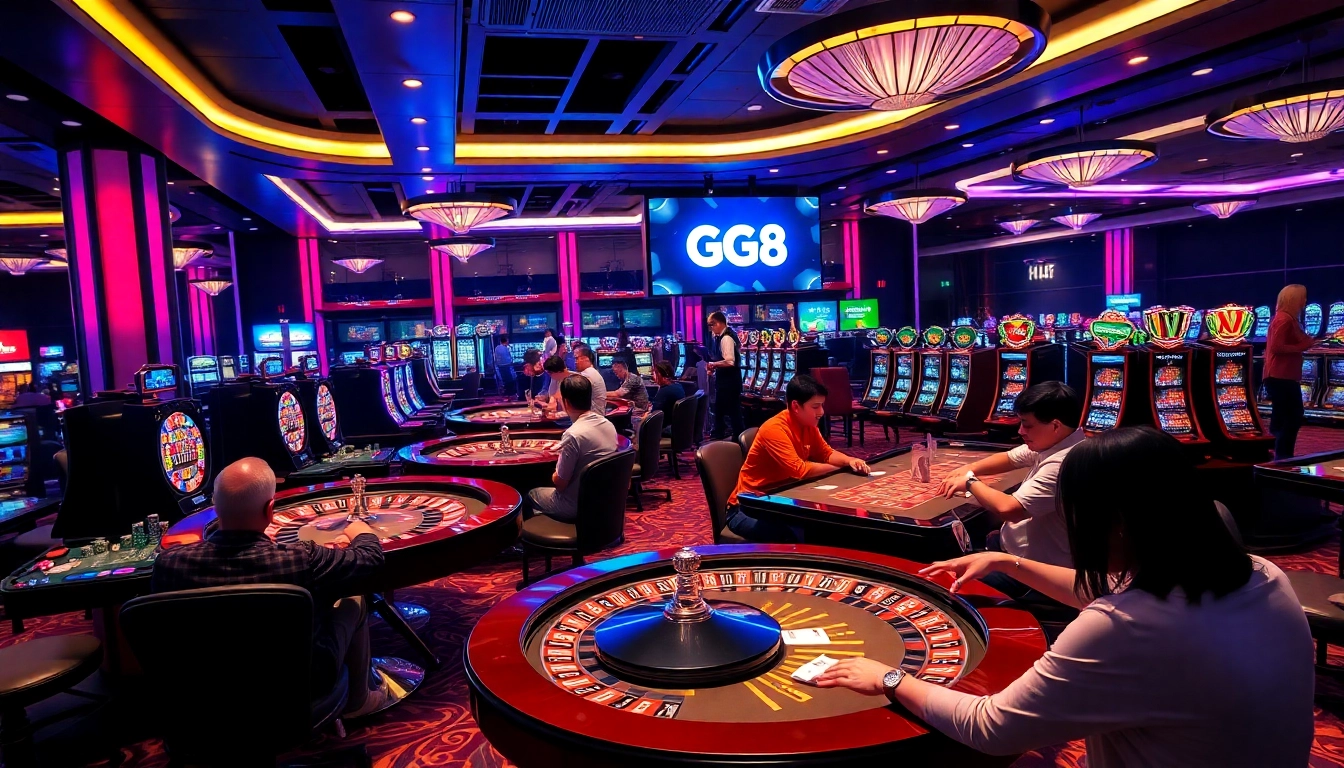 Players enjoying thrilling games at GG88 casino with colorful slot machines and vibrant roulette wheels.