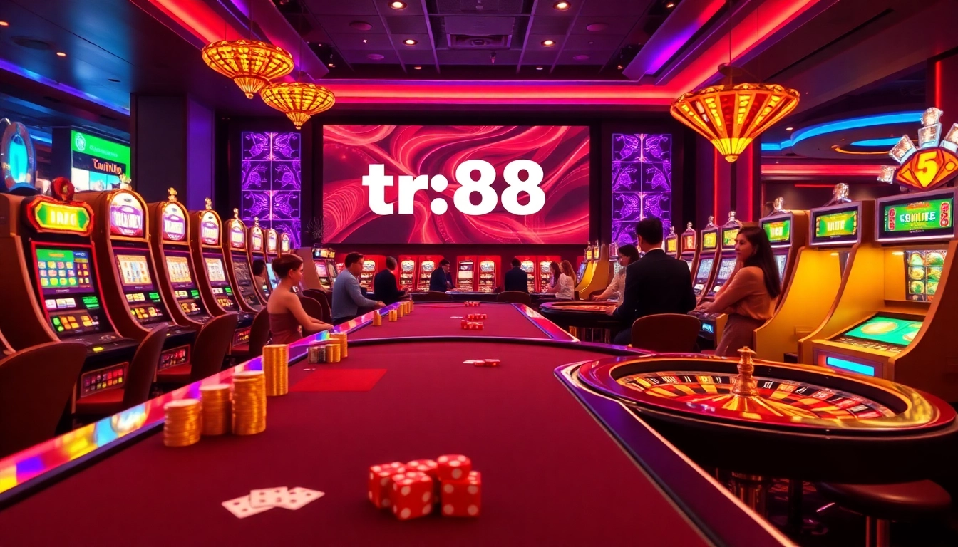 Exciting gaming experience at TR88 trang chủ featuring luxurious casino tables and vibrant online interfaces.