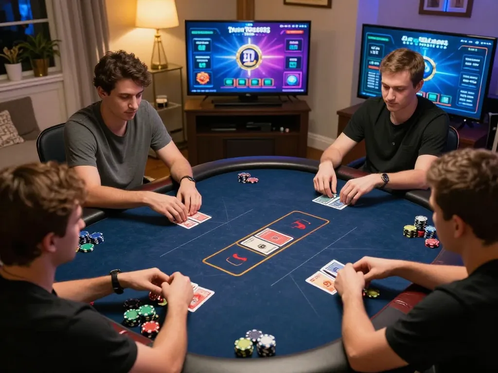 Players strategizing in an online poker game on 789club platform in a cozy home setting.