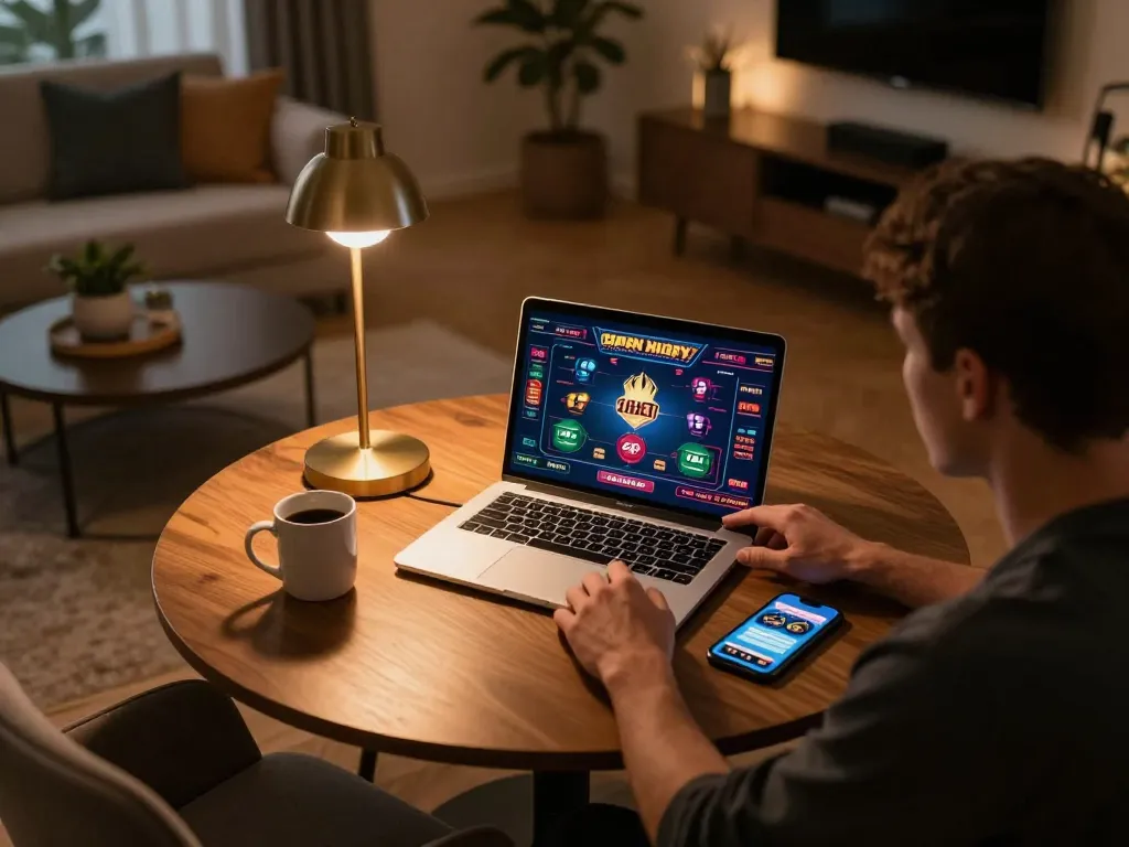Hbet chính thức online gaming environment with a user engaged at home, showcasing laptop and smartphone.