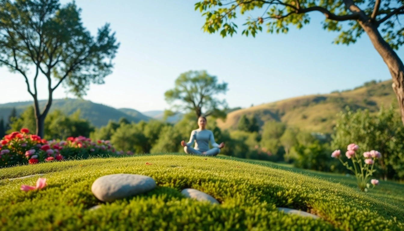 Promote mental wellness through tranquil outdoor meditation scene illustrating harmony and serenity.
